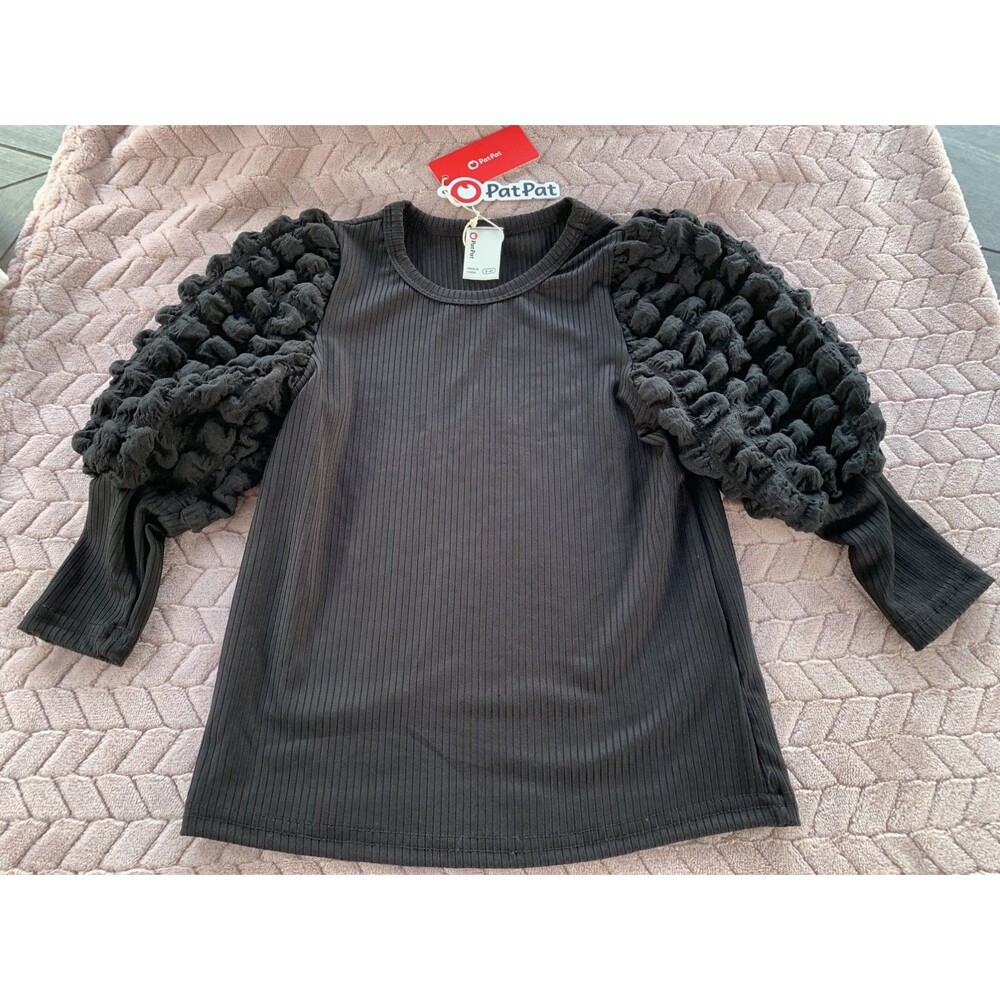 PatPat Girls Black Ribbed Blouse With Ruffle Puff Sleeves Size 3-4 Years New
